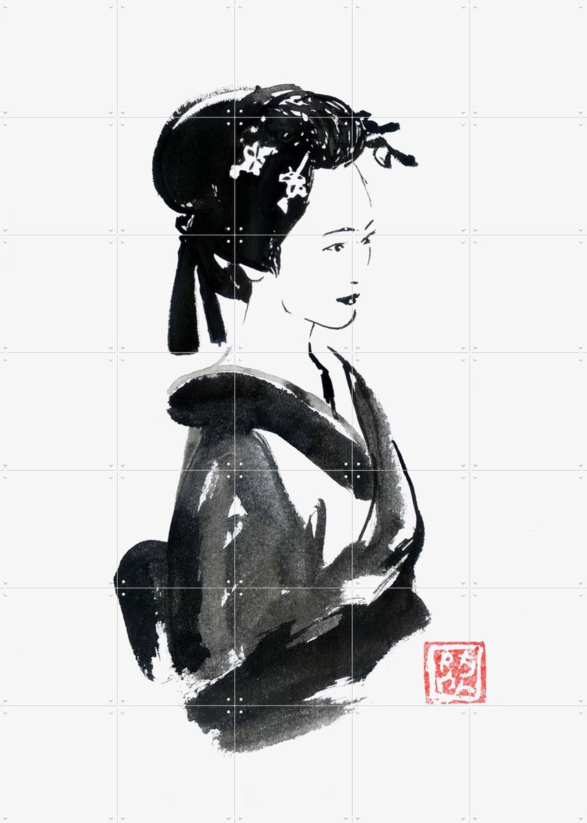 IXXI Beautiful Geisha, Péchane - 100 x 140 cm - Gratis ophangtool - Grote wanddecoratie en posters - Klassiek, Illustraties, Portretten