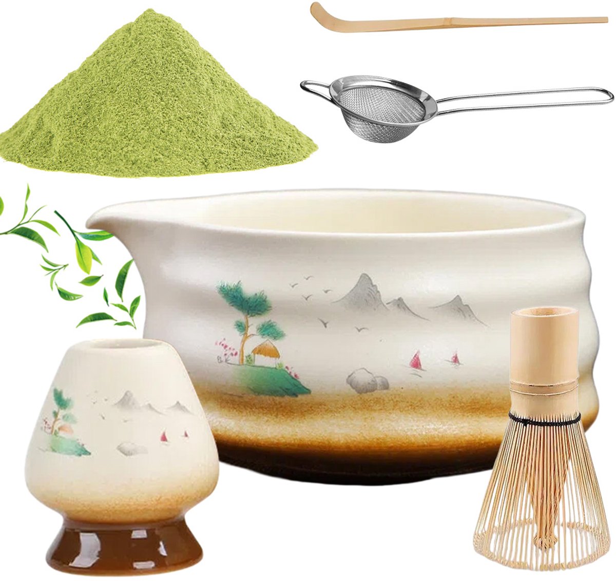 Matcha Set - Zeef - Matcha Klopper - Kom - Bamboeborstel - Keramiek - Theeceremonie Set - Japanse Thee Set - Starterkit - Cadeauset - Wit Bruin - 5-Delig