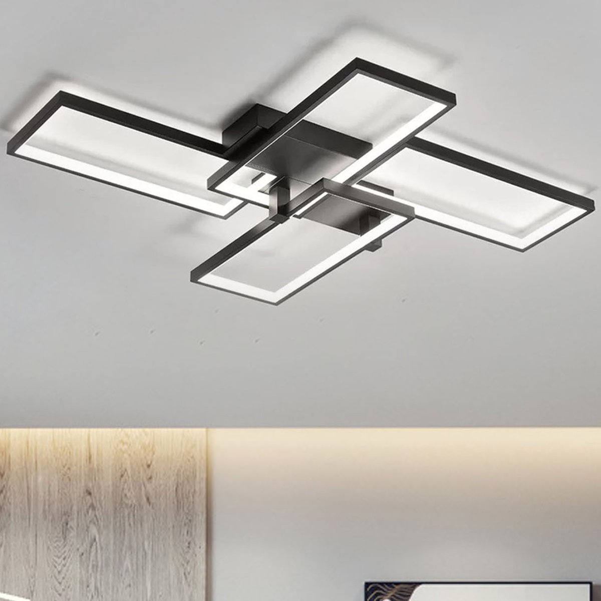 CHIWIN LED Plafondlamp 90x65 cm Modern - 4 Rechthoekige Ringensysteem - Met Afstandsbediening Dimbare Lichtsterkte & Kleurtemperatuur - Woonkamer Slaapkamer Kantoor - Zwart