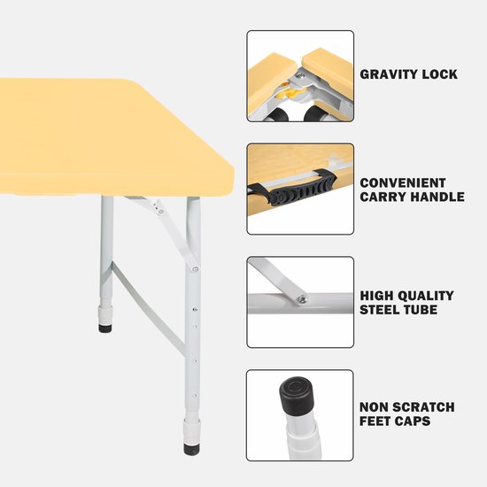 Campingtafels 125 cm - Inklapbare Vouwtafel Met Handgreep En Verstelbare Hoogte - Multifunctioneel - Kunststof - Lichtgeel — afbeelding 2