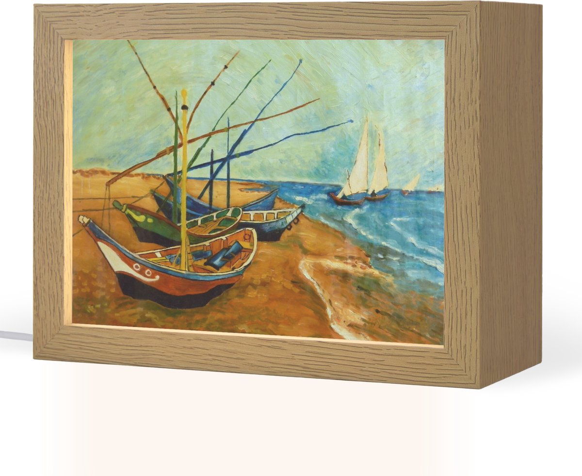 Tafellamp 20x15 cm - LED lamp - Vissersboten op het strand - Vincent van Gogh - Decoratieve tafellampen - Dimbaar - Tafellampje slaapkamer - Woonkamer binnen