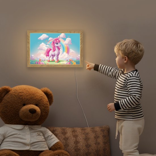Nachtlampje 30x20 cm - Kinder lamp - Unicorn - Meisjes - Bloemen - Regenboog - Eenhoorn - Tafellamp kinderkamer - Slaapkamer lamp - Bedlamp kinderen - Kinderlampje stopcontact - Wandlamp babykamer - Nachtlampjes van Merkloos — afbeelding 5