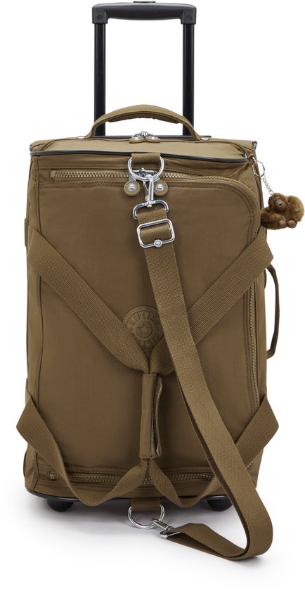 Bruine Kipling reiskoffer met wieltjes, handvat en afneembare schouderband.