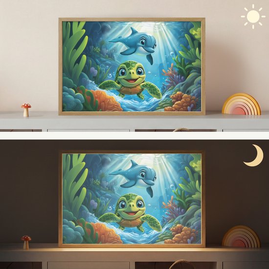 Nachtlampje 60x40 cm - Kinder lamp - Schildpad - Dolfijn - Oceaan - Tafellamp kinderkamer draadloos - Slaapkamer lampje - Bedlamp kinderen - Kinderlampje - Wandlamp babykamer - Nachtlampjes van OnlyWow — afbeelding 4