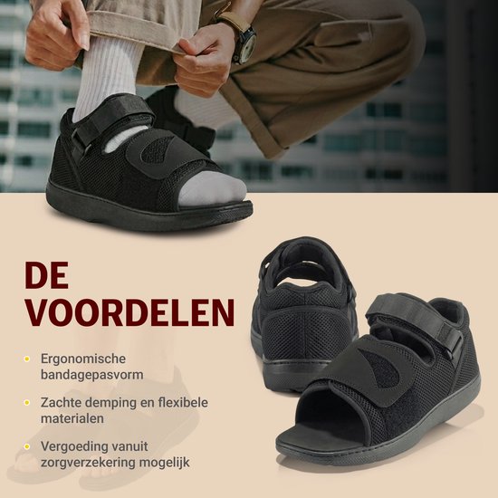 Zwarte BORT verbandsschoenen, open model, met klittenbandsluiting. Man past de schoen aan.