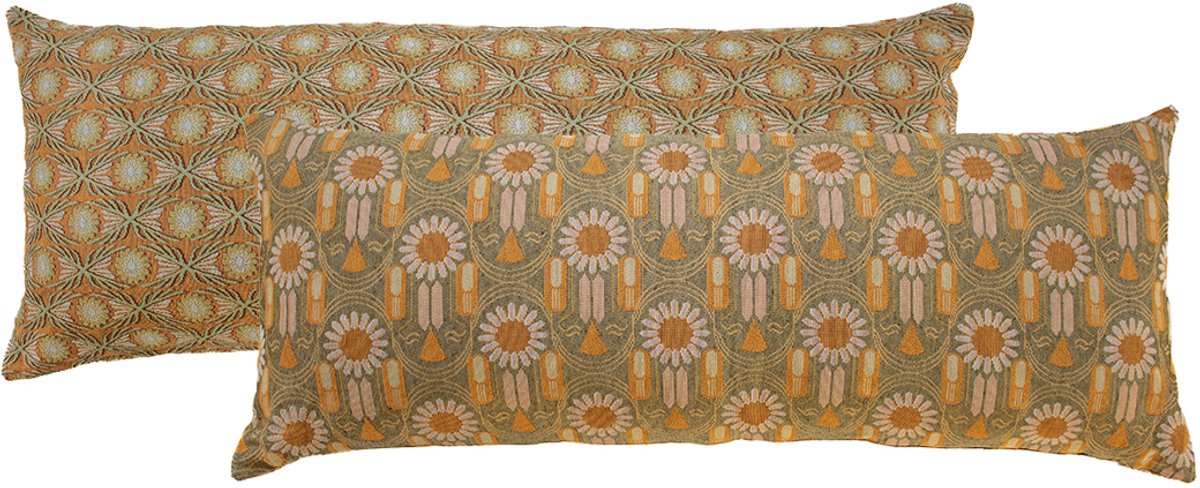NIN-NIT - Fleurs Classiques XL kussen - 100% geweven katoen - sierkussen met bloemenprint - natuur - extra lang kussen - groen - oranje - roze - beige - geel - multicolor - 90x35 cm