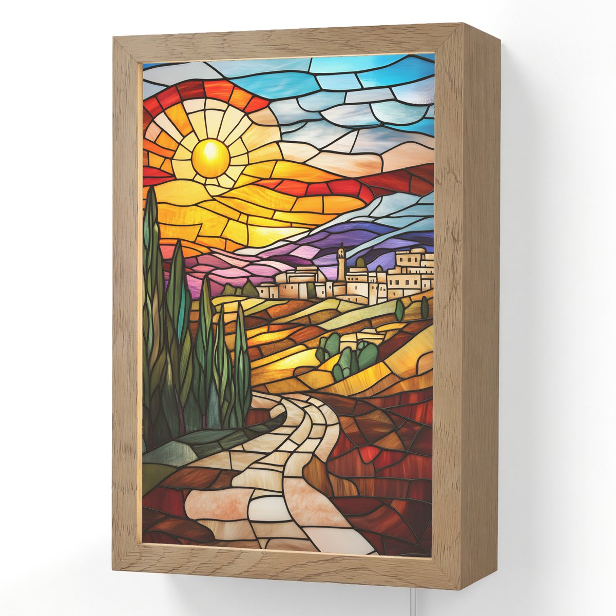 Wandlamp 20x30 cm - Oplaadbaar - Mozaïek - Zon - Landschap - Dorp - Wandlampen binnen woon