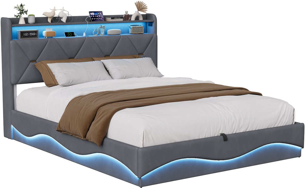 Boxspring Bed 160x200 cm met Opbergruimte, Hoofdeinde met Plank en LED Verlichting, USB-C & USB Oplaadpoorten, Hydraulisch Opklapbaar, Grijs thumbnail 8