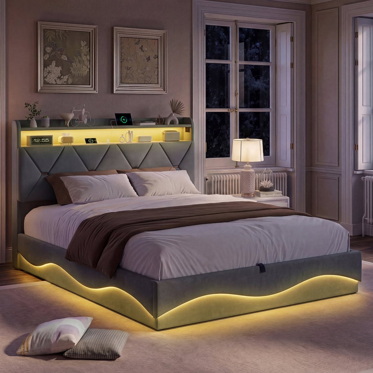 Boxspring Bed 160x200 cm met Opbergruimte, Hoofdeinde met Plank en LED Verlichting, USB-C & USB Oplaadpoorten, Hydraulisch Opklapbaar, Grijs thumbnail 6