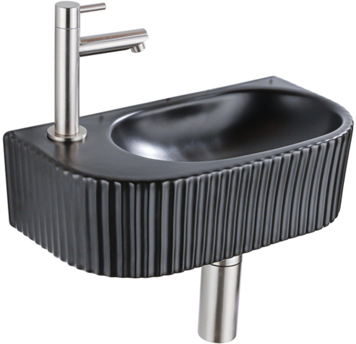 QeramiQ Fuente fonteinset – halfrond – 40x21.5x12 cm – keramiek zwart mat – kraan geborsteld RVS – geribbeld