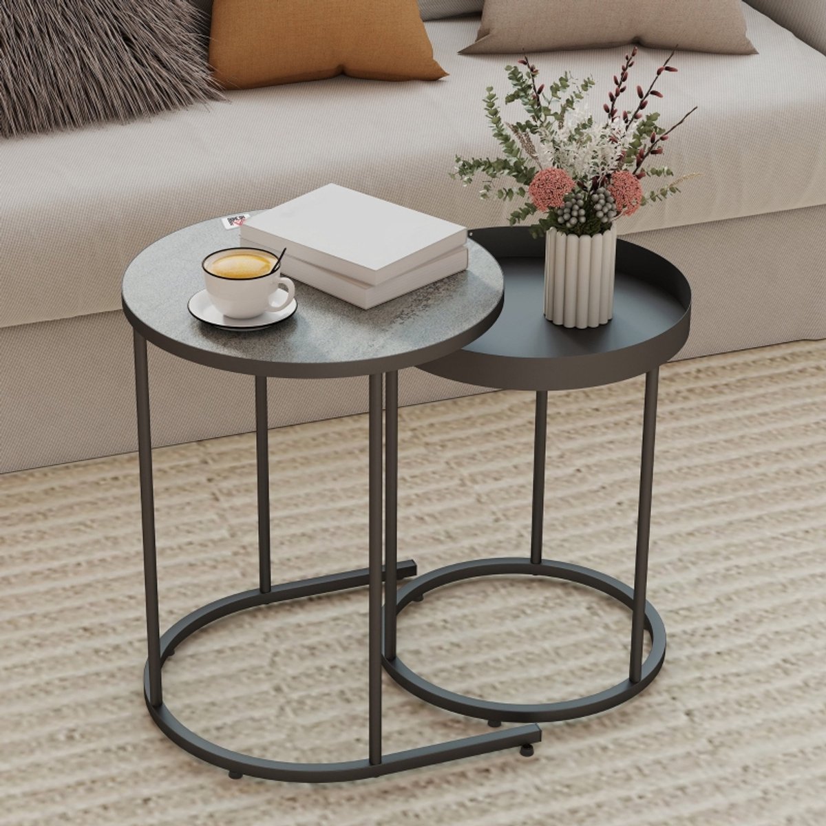 Wishdor Set Van 2 Salontafels - Inschuifbaar En Stapelbaar - Rond Met Opstaande Rand - Industrieel Ontwerp - Voor De Woonkamer - Metaal En MDF - Grijs - Ø42 X 54 Cm En Ø36,5 X 48,5 Cm