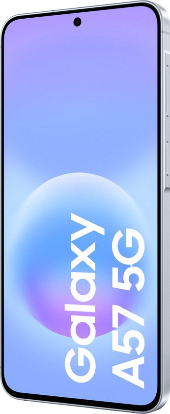 Voorkant van de Samsung Galaxy A57 5G met "Galaxy A57 5G" tekst op een paarsblauwe achtergrond.