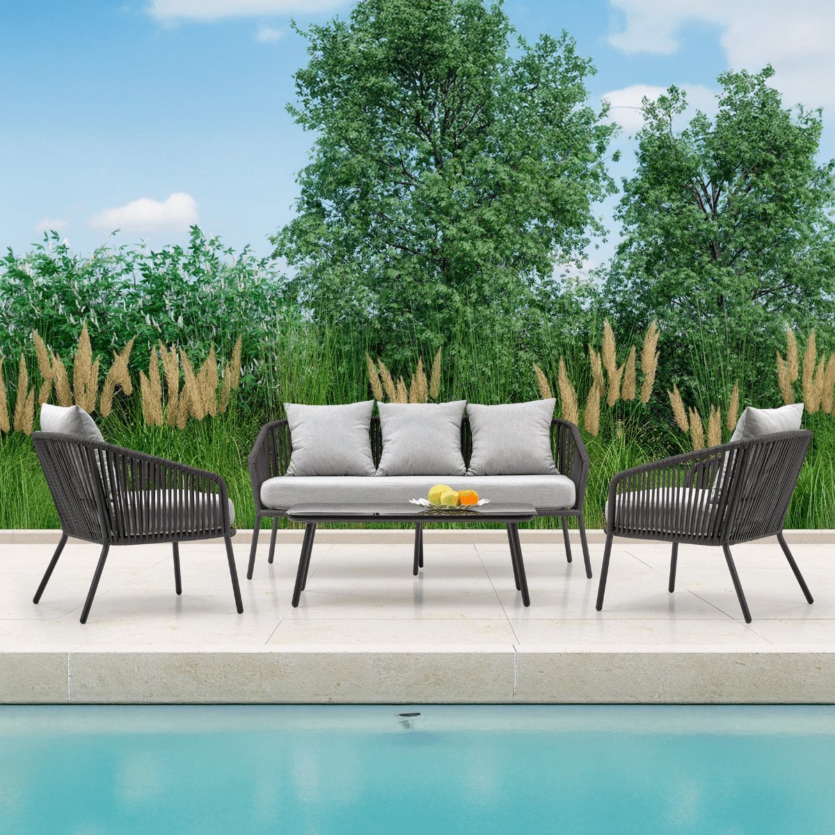 Loungeset Rocca Zwart/Grijs Stoel-Bank Tuinset inclusief kussens