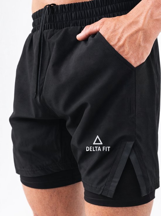 Delta Fit 2 in 1 Short de Course Noir – Met Sous-short Noir avec poche pour Mobiel – Dry Mesh - Hommes - Taille M