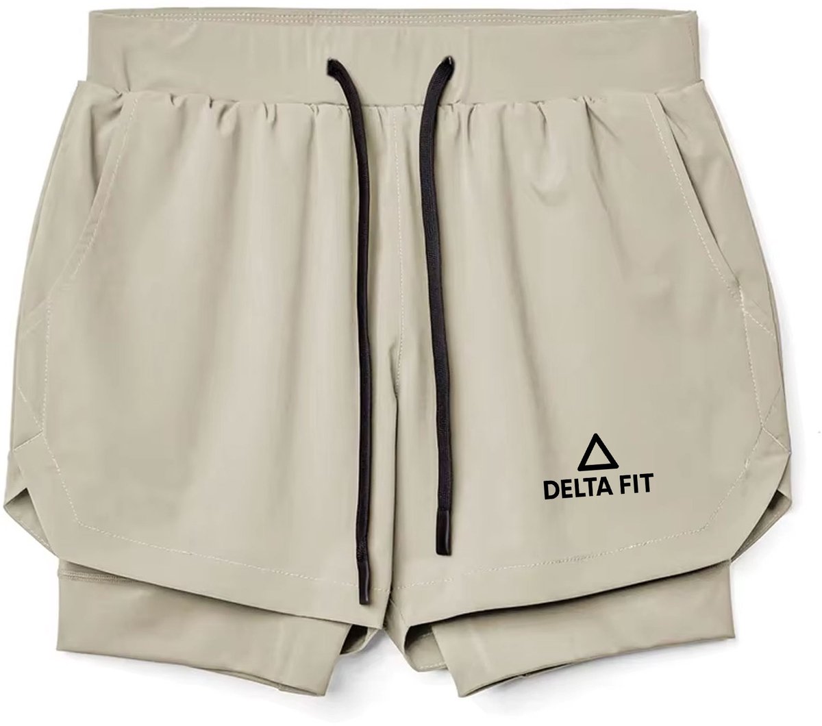 Delta Fit 2 in 1 Hardloopbroek– Met Ondershort met vak voor Mobiel – Dry Mesh - Beige - Maat XXL