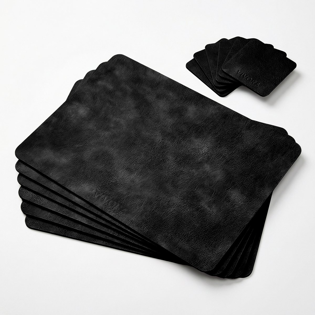 VIVORA Placemats – 6 Placemats & 6 Onderleggers – Rechthoek – Onyx Black – Premium PU Eco Leer – Waterafstotend & Anti-Slip