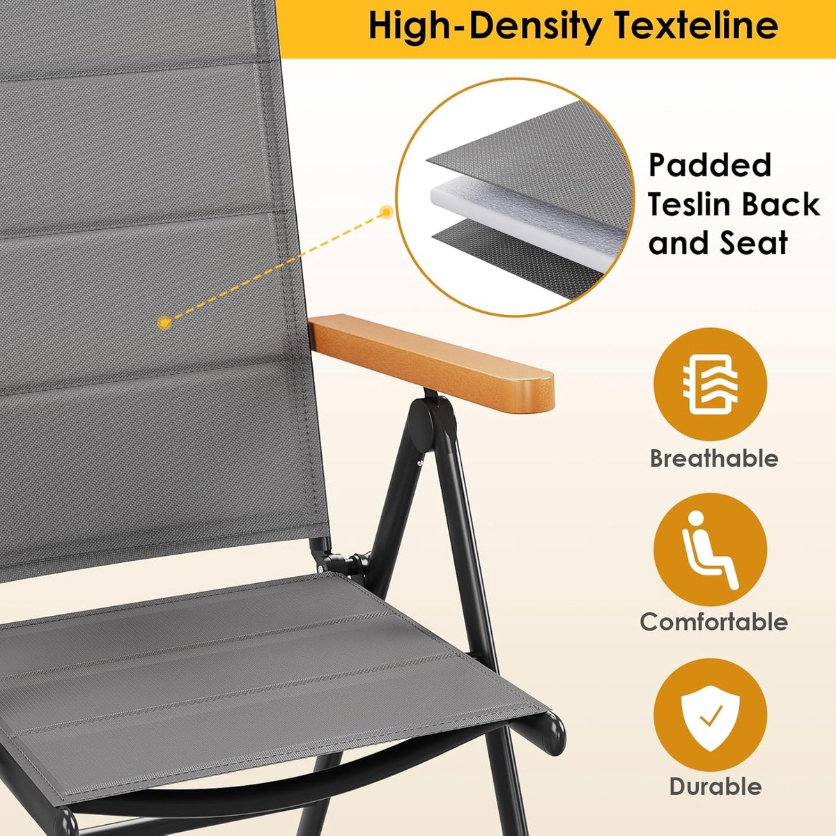 Balkon- en Tuinstoel Set van 4 – Inklapbare Hoge Rugleuning Stoelen 110x57x66 cm, Aluminium Frame, WPC Armleuningen, Gewatteerde Teslin Zitting, 7-Posities Verstelbaar – Laura
