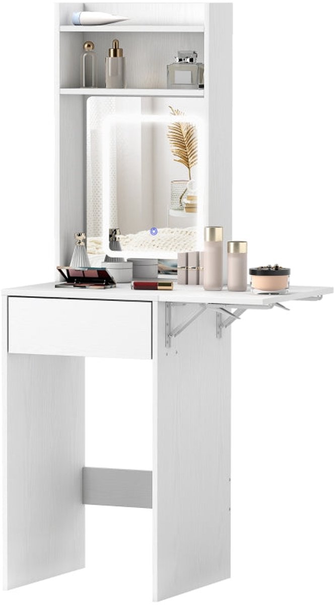 Merax Kaptafel met LED Spiegel en Verlichting - Make-up Tafel met Klapbare Zijtafel en Lade - Compacte Schminktafel met Opbergruimte voor Slaapkamer - Wit