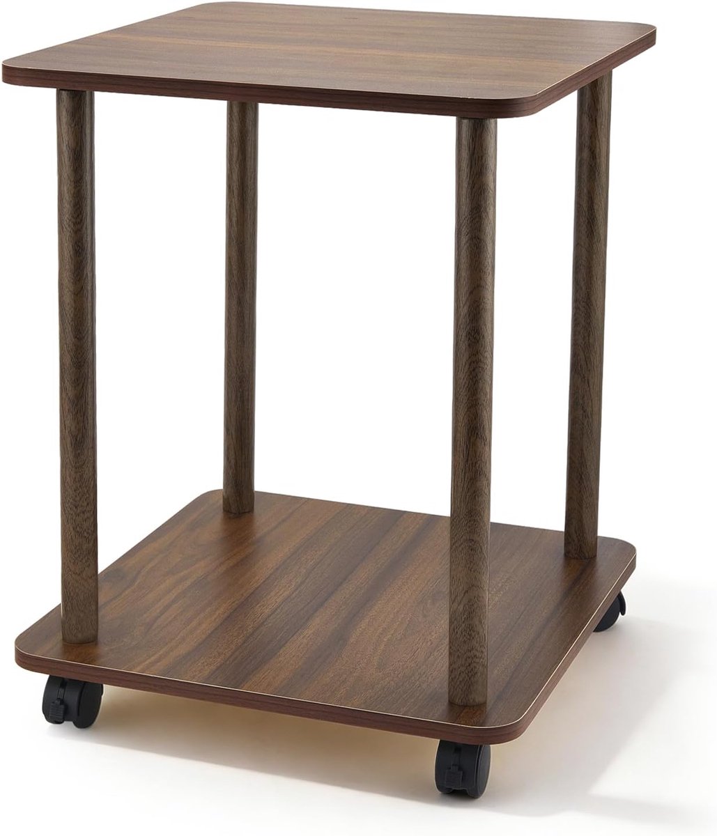 Bijzettafel Vierkant Hout - Kleine Tafel - Woonkamer Meubel - Met Wielen en Laden - 40x40x48 cm - Donker Walnoot