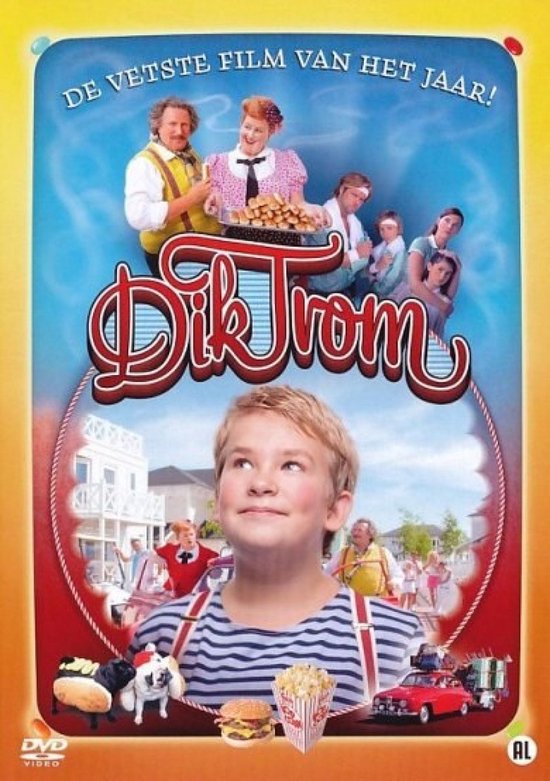 Pochette du film 'Dik Trom' avec un garçon devant, des familles et le titre au-dessus. Popcorn, voiture, burger en dessous.