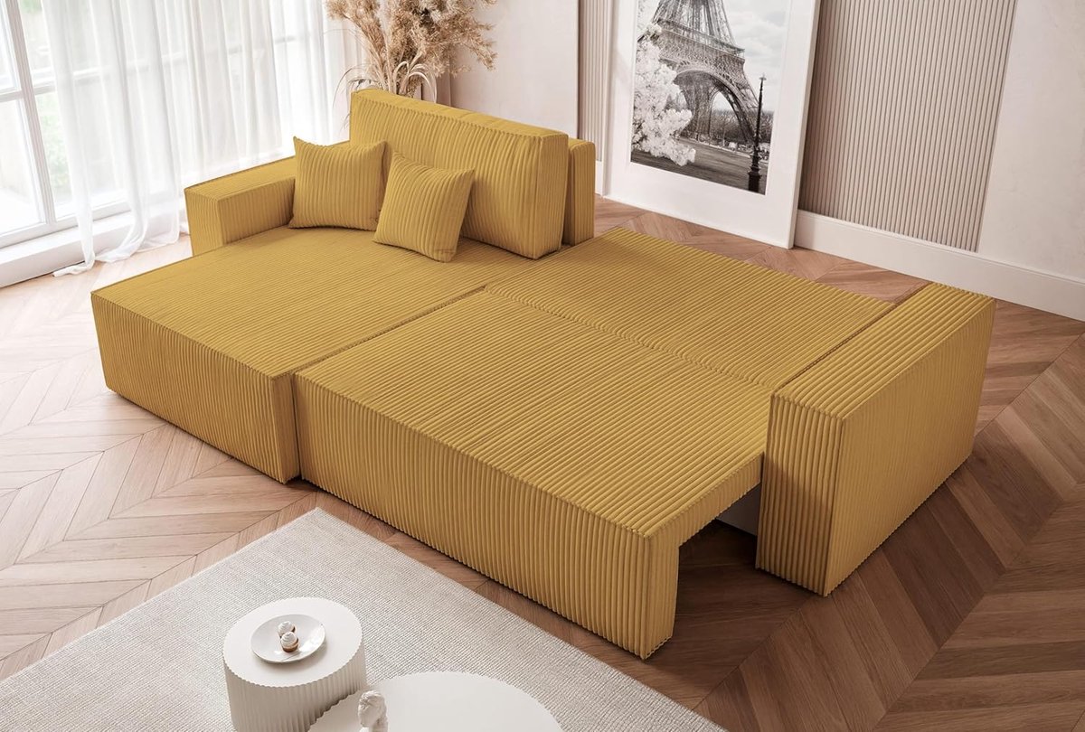 Slaapbank Hoekbank L-vorm 276 x 145 x 79 cm met Slaapfunctie en Opbergruimte – Corduroy Bank met Bedlade 232 x 125 cm – 3-zits Comfortabele Bankbed met Flexibele Ottomaan – Kleur Bruin – Laura