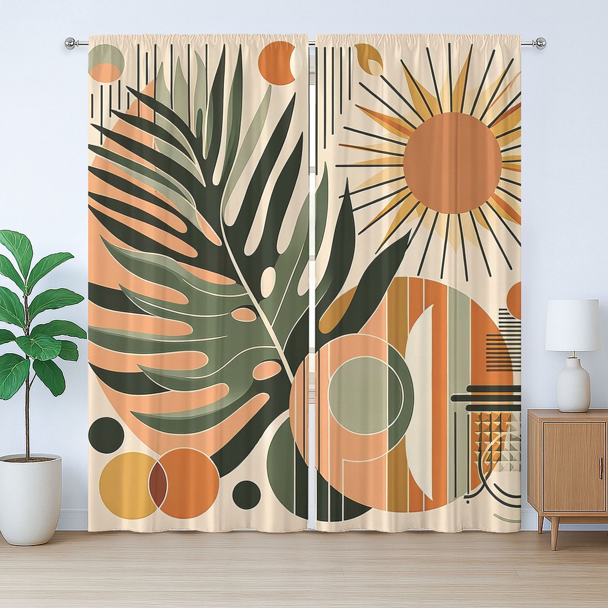 ABAKUHAUS Monstera Rustiek Gordijn, Bladeren Mid-Century Boho, Slaapkamergordijn met Plooiing, Lusjes en Haken, 280 x 175 cm, Perzik Lichtroze Groen