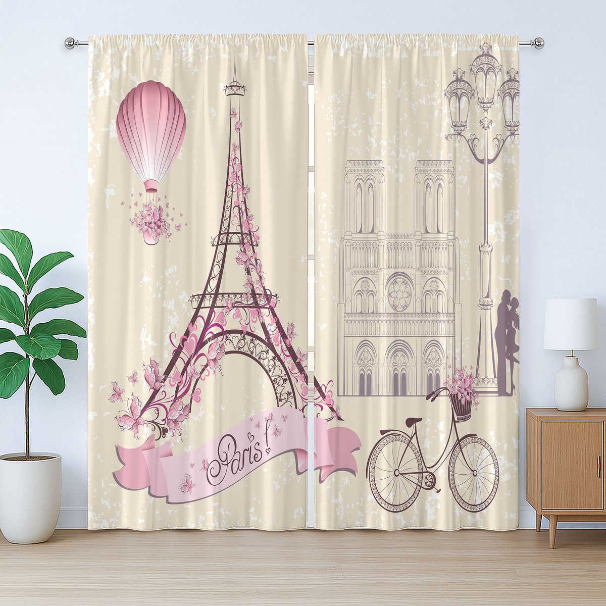 ABAKUHAUS Parijs rustiek gordijn, bloemenmotief Parijs Eiffeltoren, geplooid slaapkamergordijn met lussen en haken, 280 x 245 cm, roze