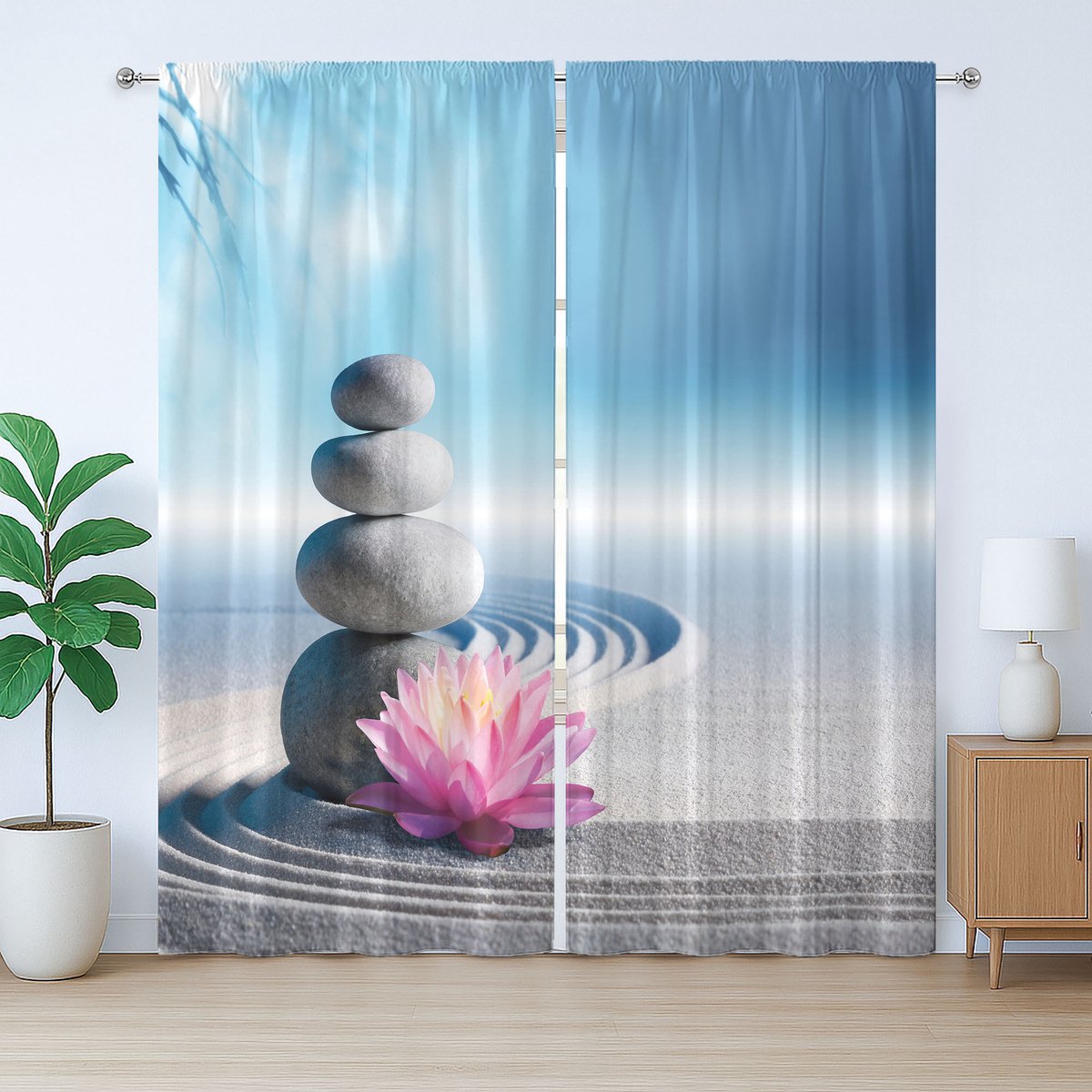 ABAKUHAUS Rustiek gordijn met lotusbloemmotief, meditatie en harmonie, met lussen en haken voor de slaapkamer, 280 x 225 cm, blauwgrijs roze