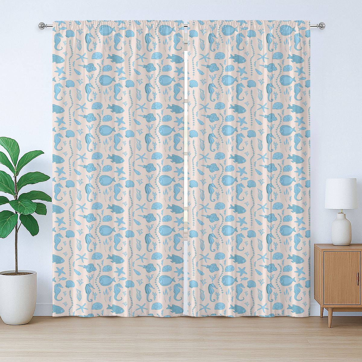 ABAKUHAUS Nautisch rustiek gordijn, zeewier, zeepaardjes en vissen, slaapkamergordijn met lussen en haken, 280 x 245 cm, gebroken wit hemelsblauw