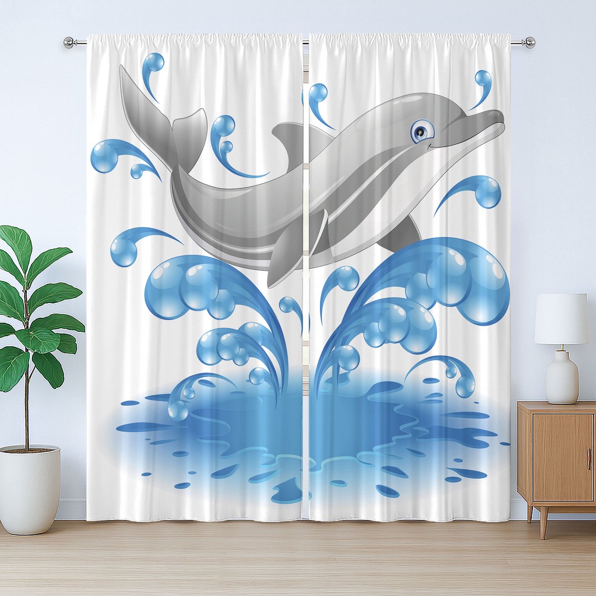 ABAKUHAUS Dolfijn Rustiek Gordijn, Dierlijk Zeeleven Cartoon, met Bandjes voor de Woonkamer met Lussen en Haken, 280 x 175 cm, Blauwgrijs