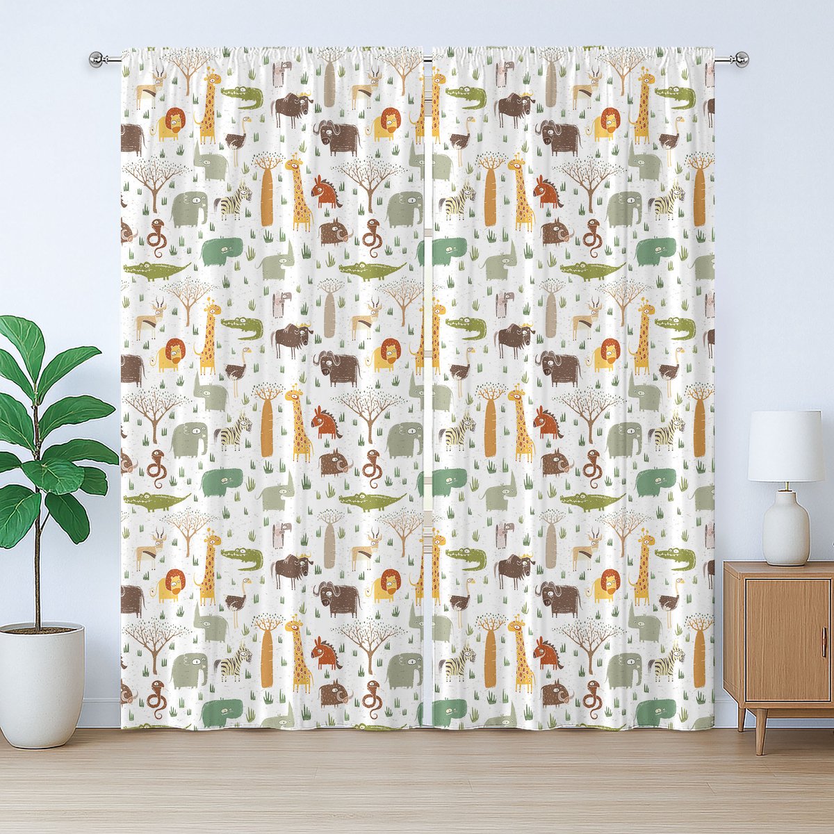 ABAKUHAUS Cartoon Dieren Rustiek Gordijn, Grunge Afrikaans, met Bandjes voor de Woonkamer met Lusjes en Haken, 280 x 225 cm, Lichtgroen Bruin Geel