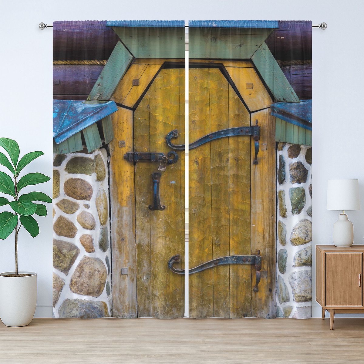 ABAKUHAUS Rustiek Gordijn, Antieke Deur, Stenen Huis, Slaapkamergordijn met Plooiing, Lussen en Haken, 280 x 175 cm, Mosterdgeel, Violet, Wit
