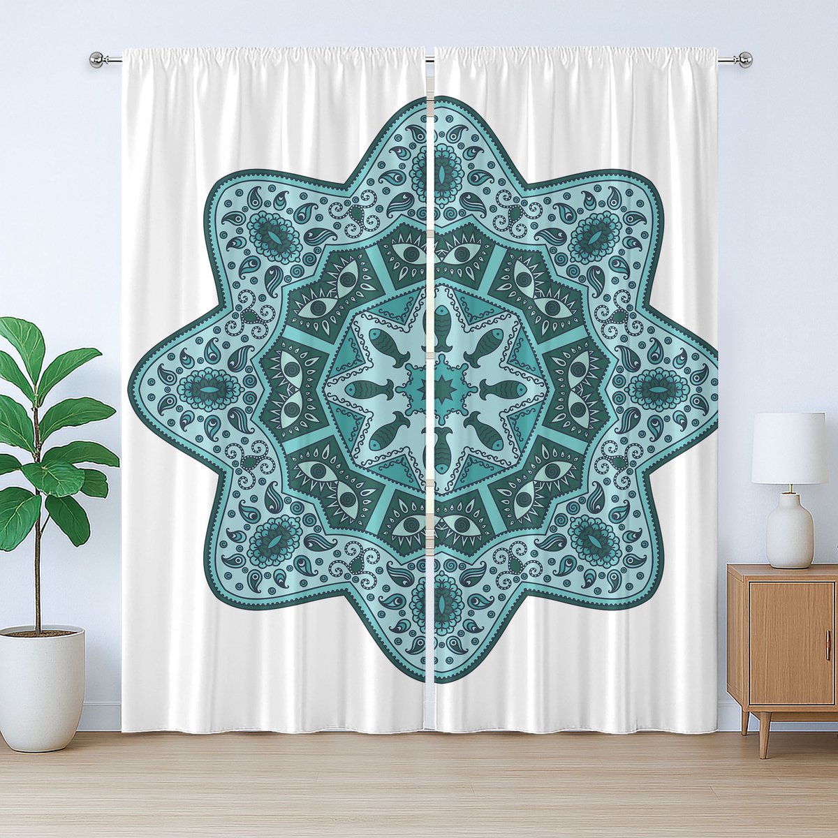 ABAKUHAUSTeal Rustiek Gordijn, Oost-Chinese Mandala, Universele Gordijnen met Bandjes, Lussen en Haken voor de Woonkamer, 280 x 225 cm, Teal
