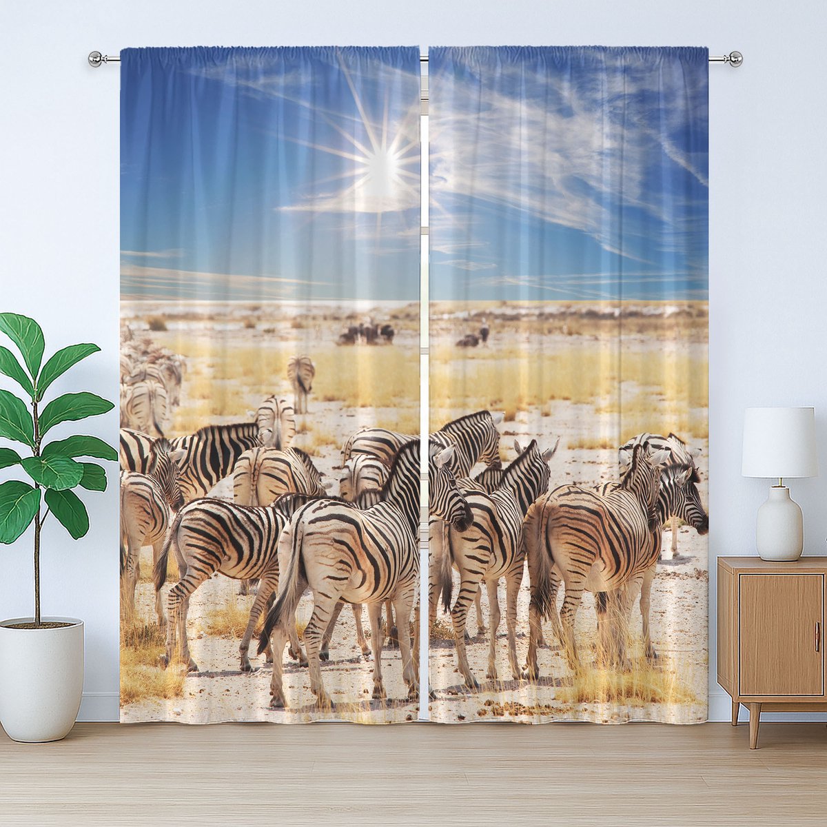 ABAKUHAUS Rustiek Gordijn met Dierenthema, Afrikaans Safaripark, met Bandjes, Lussen en Haken voor de Woonkamer, 280 x 245 cm, Blauwbeige