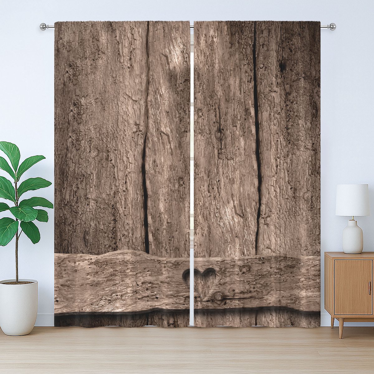 ABAKUHAUS Rustiek gordijn in landelijke stijl, hart op hout, slaapkamergordijn met plooien, lussen en haken, 280 x 260 cm, okerbruin