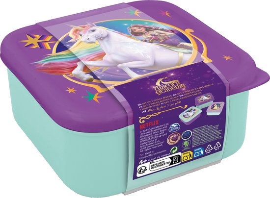 Grote paarse snackdoos met mintgroene bodem, met een eenhoorn en meisje uit 'Unicorn Academy'.