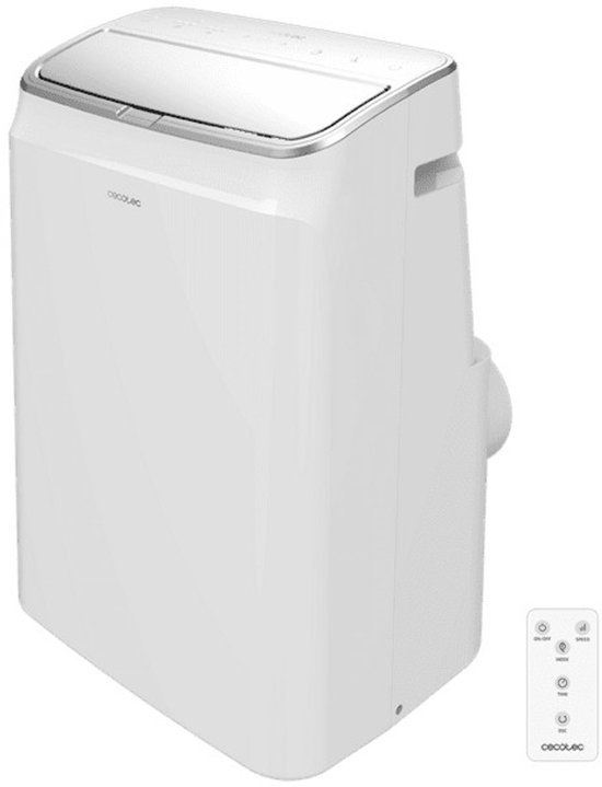 Wit mobiel airconditioner met afstandsbediening op witte achtergrond.