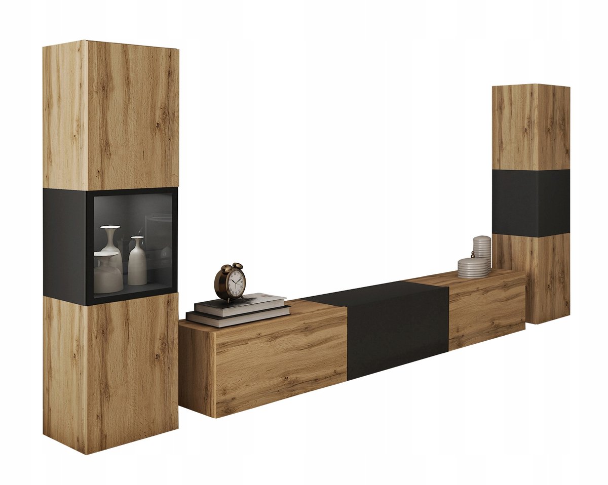 Milo - Woonkamer Set - Wandmeubel met LED - Zwevend of Staand - Wotan Eiken & Mat Zwart