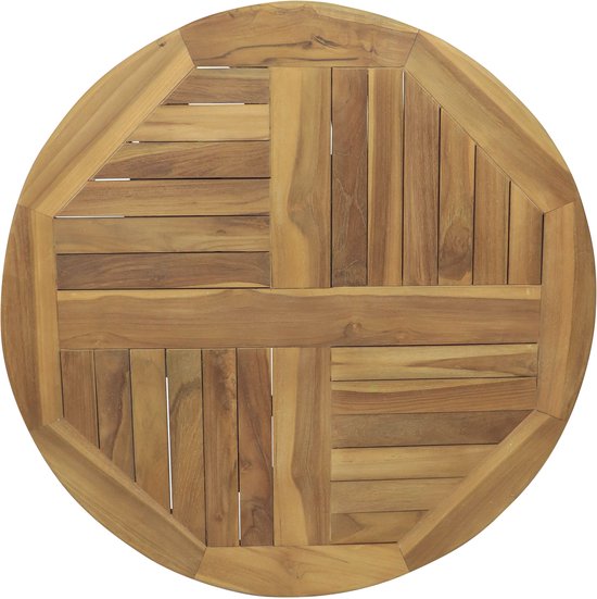 Rond teakhouten draaiplateau met een decoratief houten kruispatroon in het midden.