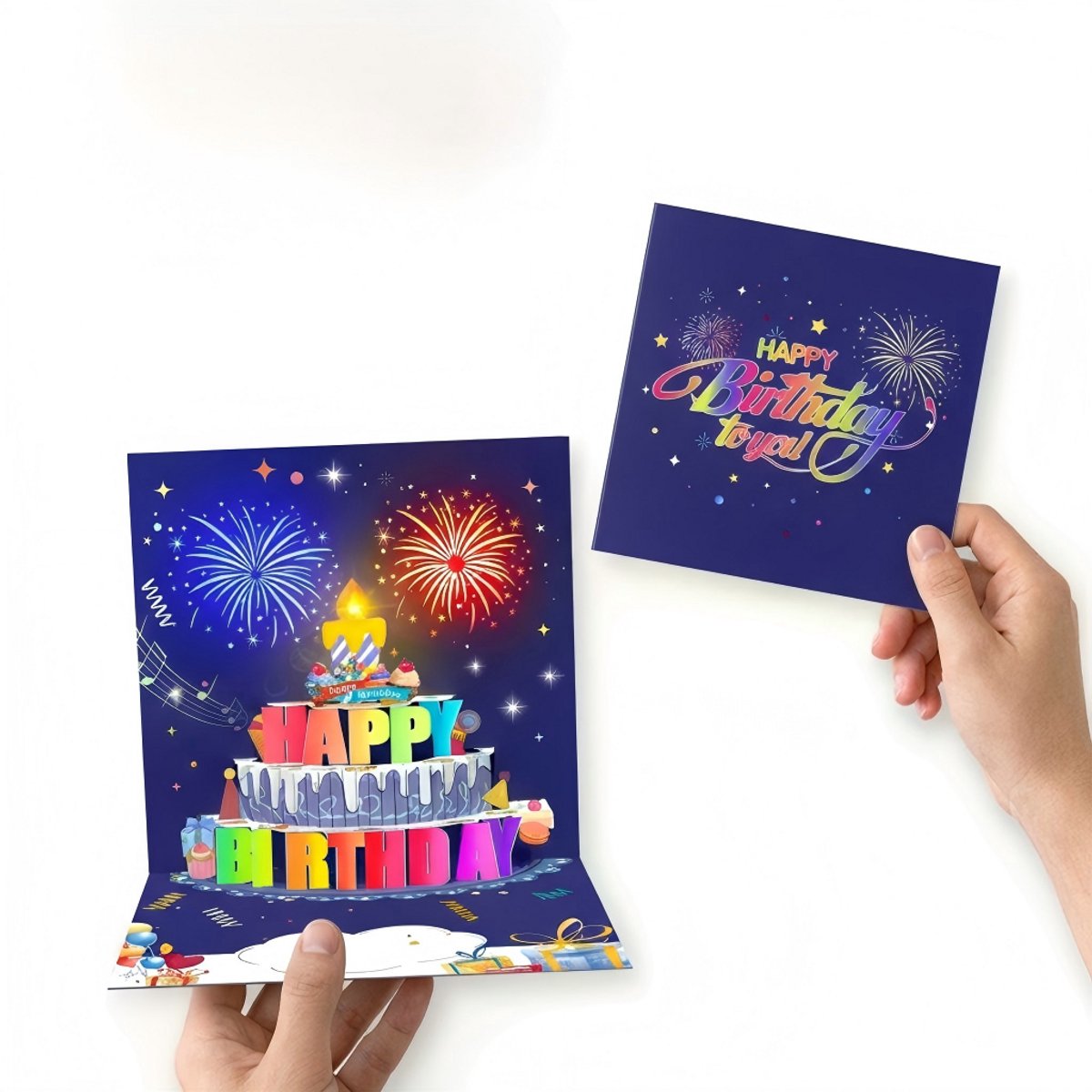 YYchan popupkaarten - 3D Pop-up Verjaardagskaart met Muziek & Licht - Stralende Gele Kaarsen & Kleurrijk Vuurwerk - Inclusief Gouden Envelop & Los Berichtkaartje - Aardbeien wenskaart