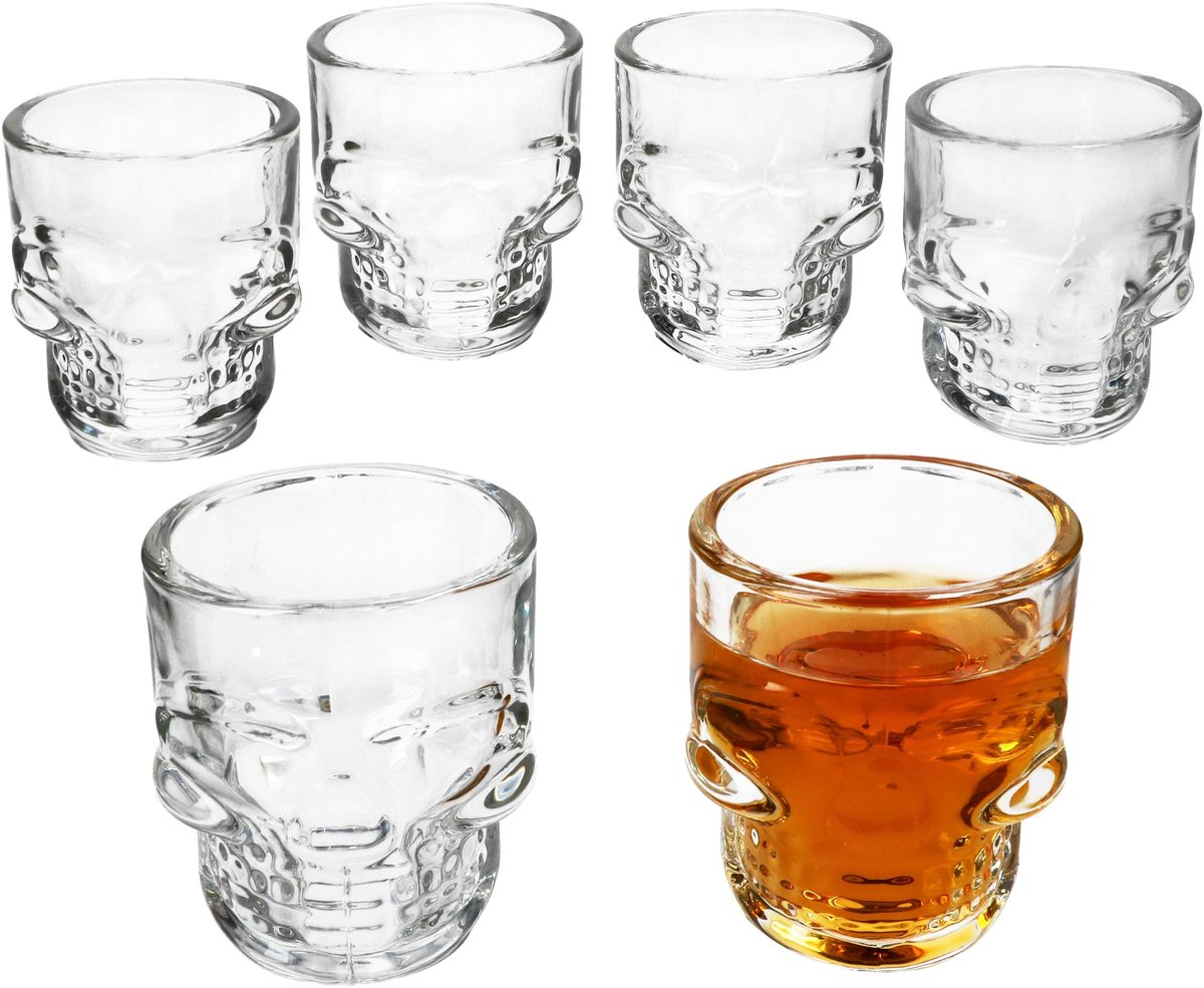 6-delige set doodskop shotglaasjes 5cl van glas - 27022085