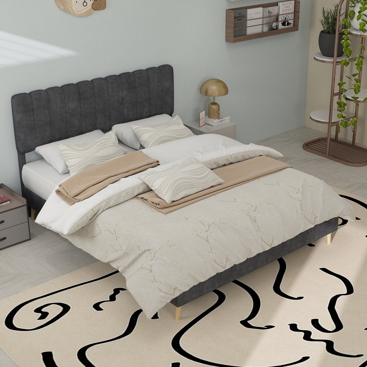 Wishdor Gestoffeerd Bed – 140 x 200 cm – Zacht Hoofdbord – Stof en Metaal Grijs – Lattenbodem Zonder Boxspring – Eenvoudige Montage – Stijlvol en Robuust voor Moderne Slaapkamer