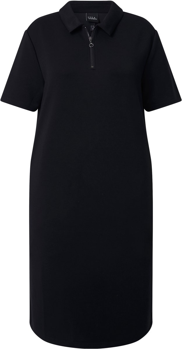 Ulla Popken Dames - Sweatjurk polokraag rits korte mouwen modalmix - Zwart - Maat 42+
