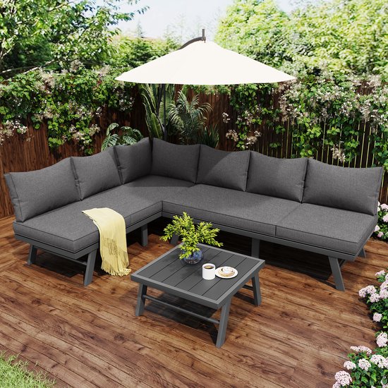 OKWISH Ensemble Lounge 5 À 6 Personnes 226 X 61 X 65 Cm - Cadre en Acier Galvanisé Avec Coussins Lavables - Pour Terrasse Balcon Jardin - Plateau de Table en Plastique - Gris