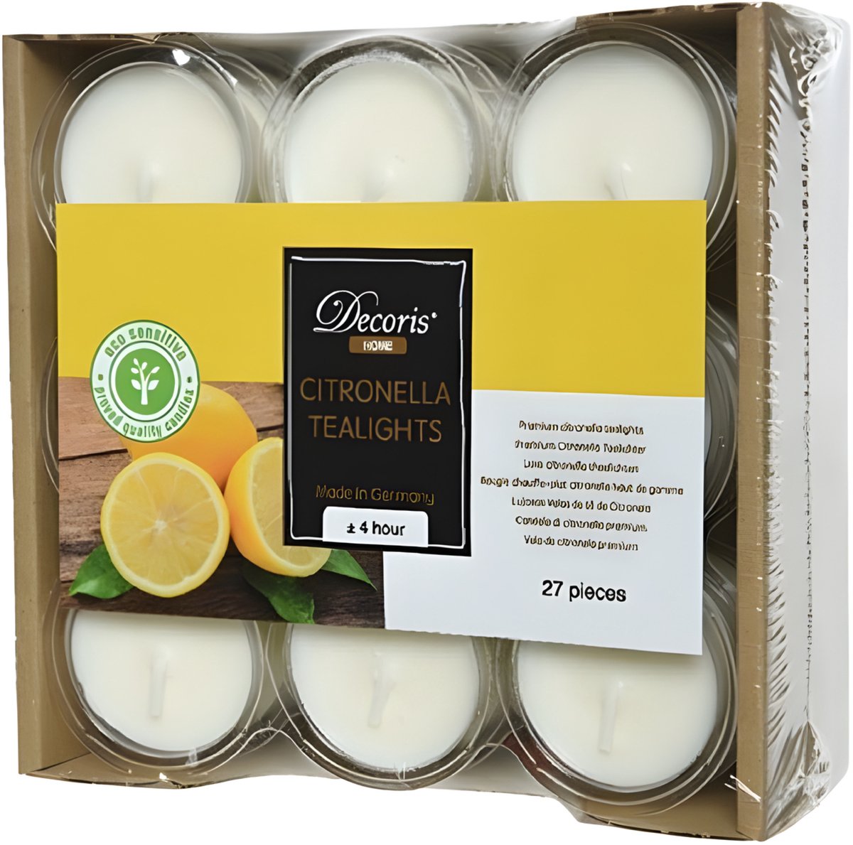 Decoris Geurkaarsen - Citrus Citronella geur - 27x stuks - 4 branduren - kaarsjes Geel