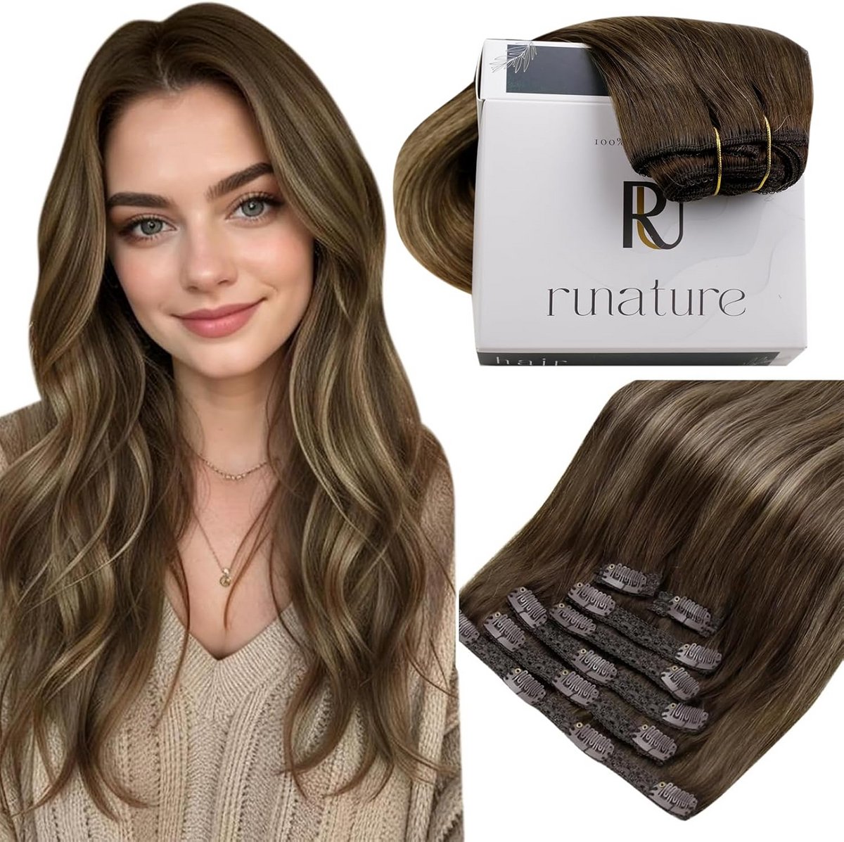 Clip-in Haarverlenging Menselijk Haar 18 Inch Balayage Bruin naar Blond 7 Delen Set