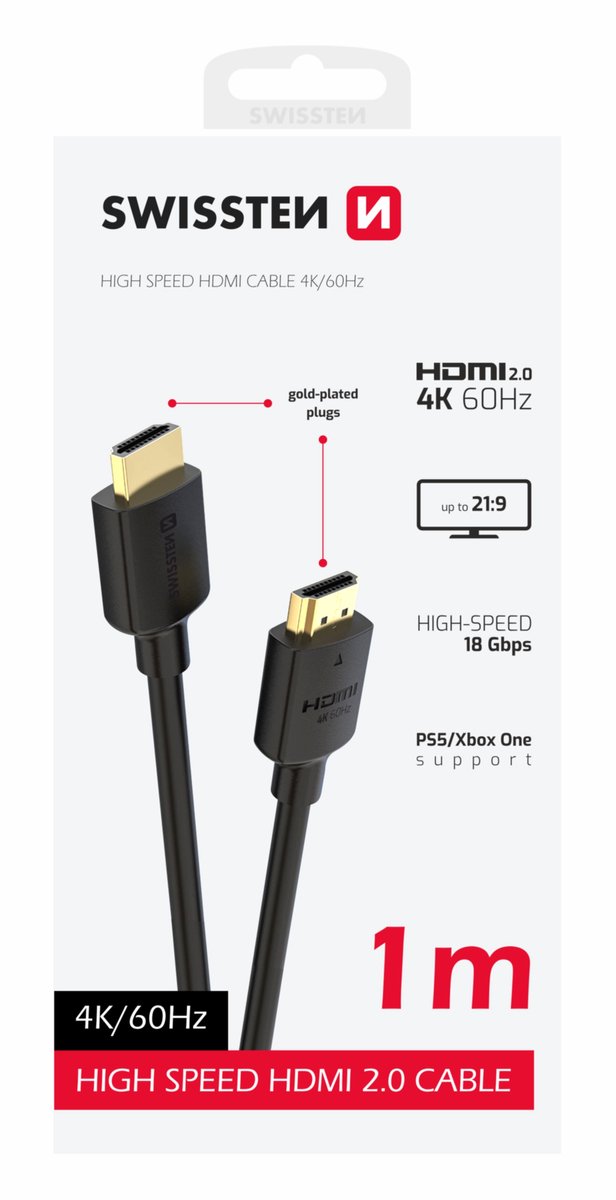 Swissten 4K HDMI-kabel 60 Hz – 1 meter – PVC – zwart