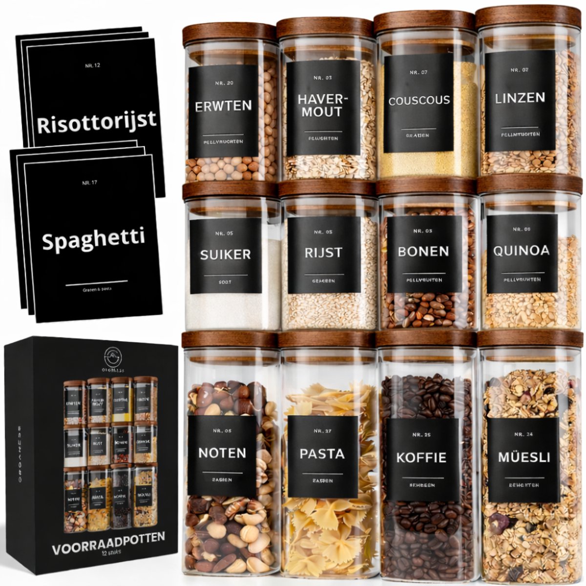 Organess Voorraadpotten Acacia deksel - 12 Delige set - Glas met deksel - Snoeppot - Glazen voorraadpotten - 4x 1000ml & 8x 600ml