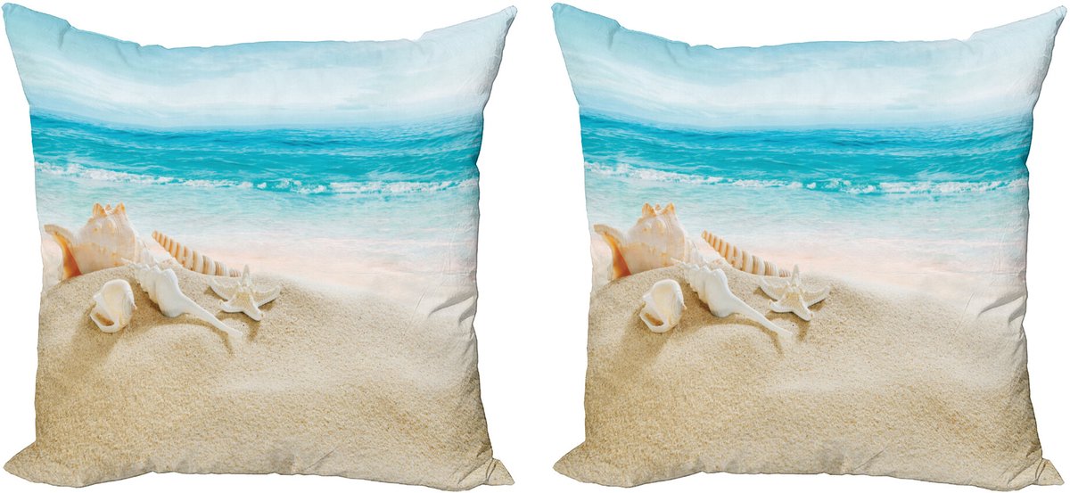 ABAKUHAUS Schelpen Sierkussenhoes Set van 2, Pastel-Strand-Szene, Modern Accent Dubbelzijdige Digitale Print, 40x40, Meerkleurig