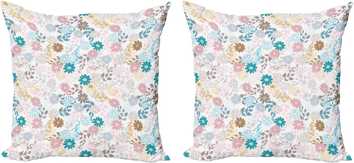 ABAKUHAUS Decoratieve kussenhoezen met bloemenprint, 2 stuks, pastelkleurige madeliefjes, 40x40 cm, babyroze, babyblauw